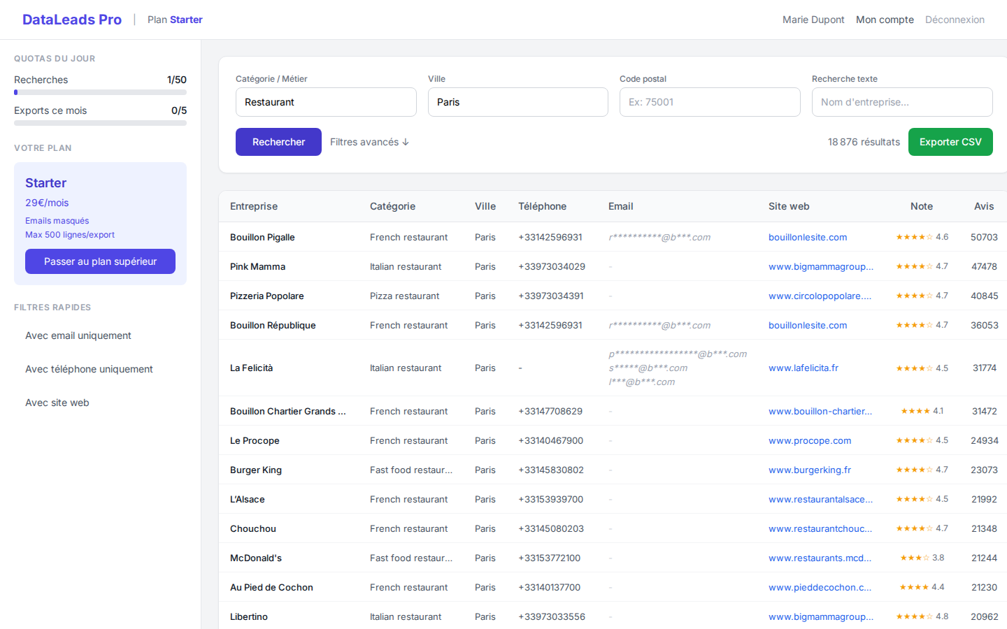 Interface DataLeads Pro — recherche et export de prospects